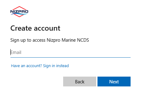 Create account page with the Email field and Next button