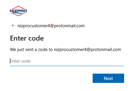 Enter code page with the code field and Next button