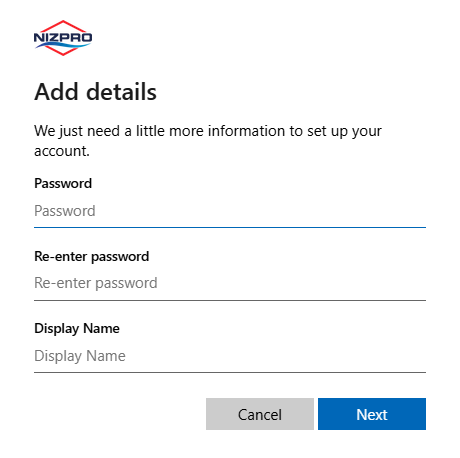 Add details page with Password, Re-enter password and Display Name fields