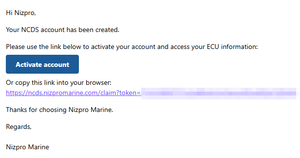 Your NCDS account has been created email with the Activate account button and a link to copy