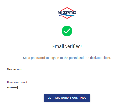 Email verified page with New password and Confirm password fields