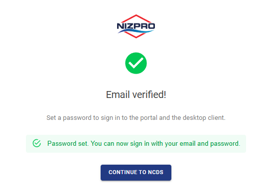 Email verified page showing Password set and the CONTINUE TO NCDS button