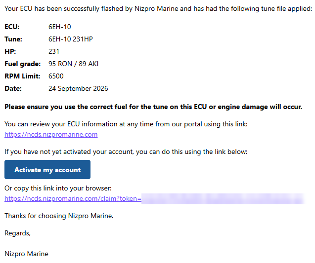 Service email with the tune details, a portal link and the Activate my account button