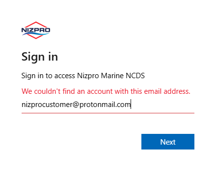 Sign in page showing We couldn't find an account with this email address.