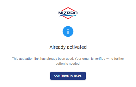 Already activated page with the CONTINUE TO NCDS button
