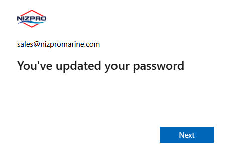 Confirmation page: You've updated your password, with a Next button