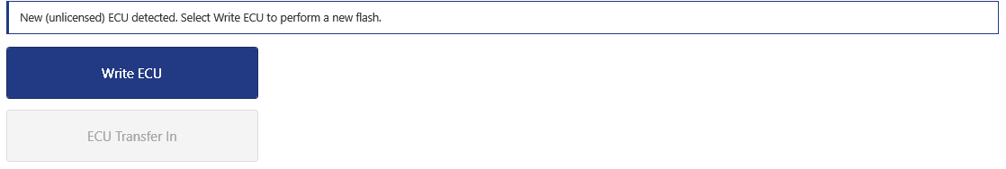 Main Panel after an ECU is detected, showing Write ECU and ECU Transfer In