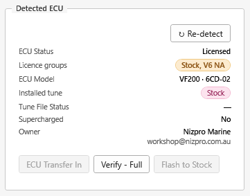 Detected ECU panel for a licensed ECU