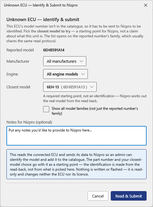 Identify and submit dialog with a model chosen and a note entered