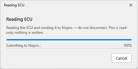 Reading ECU and submitting to Nizpro progress dialog