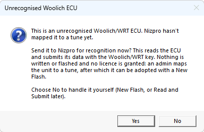 Unrecognised Woolich ECU: send it to Nizpro for recognition now? Yes and No buttons