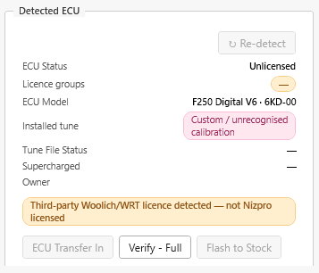 Detected ECU panel for a legacy ECU: Unlicensed, custom or unrecognised calibration, and a third-party Woolich/WRT licence notice