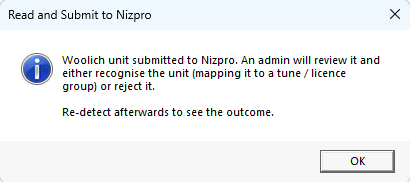 Read and Submit to Nizpro: Woolich unit submitted to Nizpro, re-detect afterwards to see the outcome