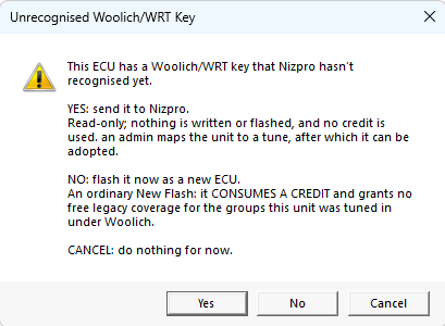Unrecognised Woolich/WRT Key with Yes, No and Cancel buttons