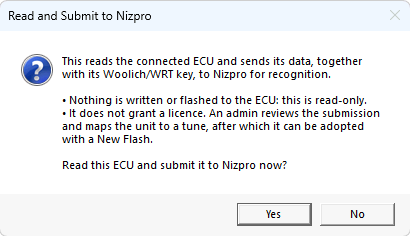 Read and Submit to Nizpro: read this ECU and submit it to Nizpro now? Yes and No buttons