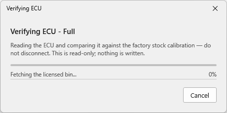 Verifying ECU - Full progress dialog: reading the ECU and comparing it, do not disconnect