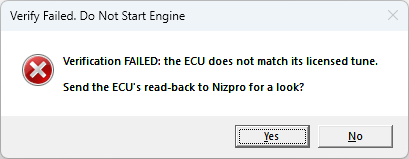 Verify failed dialog, do not start engine