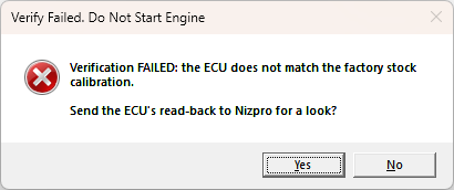 Verify failed dialog for a stock ECU: the ECU does not match the factory stock calibration
