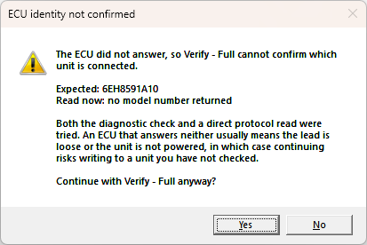 ECU identity not confirmed: the ECU did not answer, so Verify - Full cannot confirm which unit is connected. Continue with Verify - Full anyway? Yes and No buttons