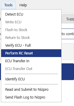Tools menu with Perform RC Reset highlighted