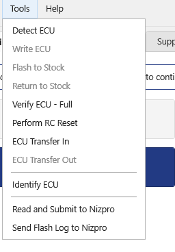 Tools menu with an ECU detected: Read and Submit to Nizpro available