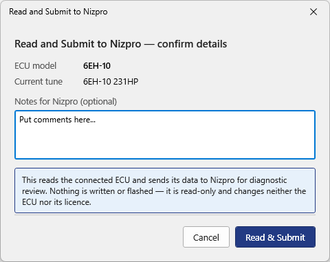Read and Submit to Nizpro confirm details: ECU model 6EH-10, current tune 6EH-10 231HP, Notes for Nizpro box, Cancel and Read and Submit buttons