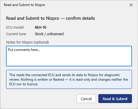Read and Submit to Nizpro confirm details for a stock ECU: current tune Stock / unlicensed