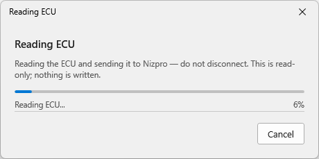 Reading ECU progress dialog: reading the ECU and sending it to Nizpro, do not disconnect