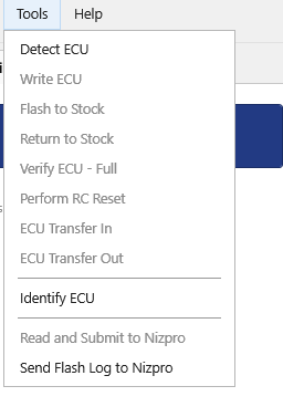 Tools menu with no ECU detected: Read and Submit to Nizpro greyed, Send Flash Log to Nizpro available