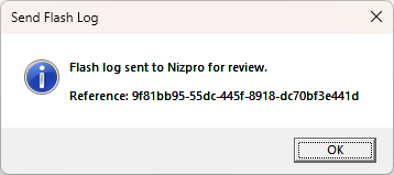 Message: Flash log sent to Nizpro for review, with a reference