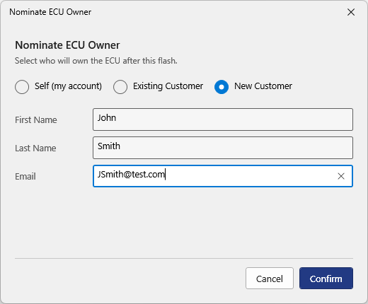 Nominate ECU Owner dialog with New Customer selected