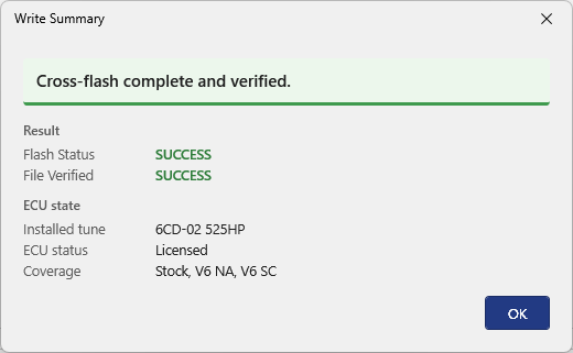 Write Summary, Cross-flash complete and verified
