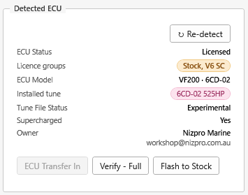 Detected ECU panel showing an experimental installed tune