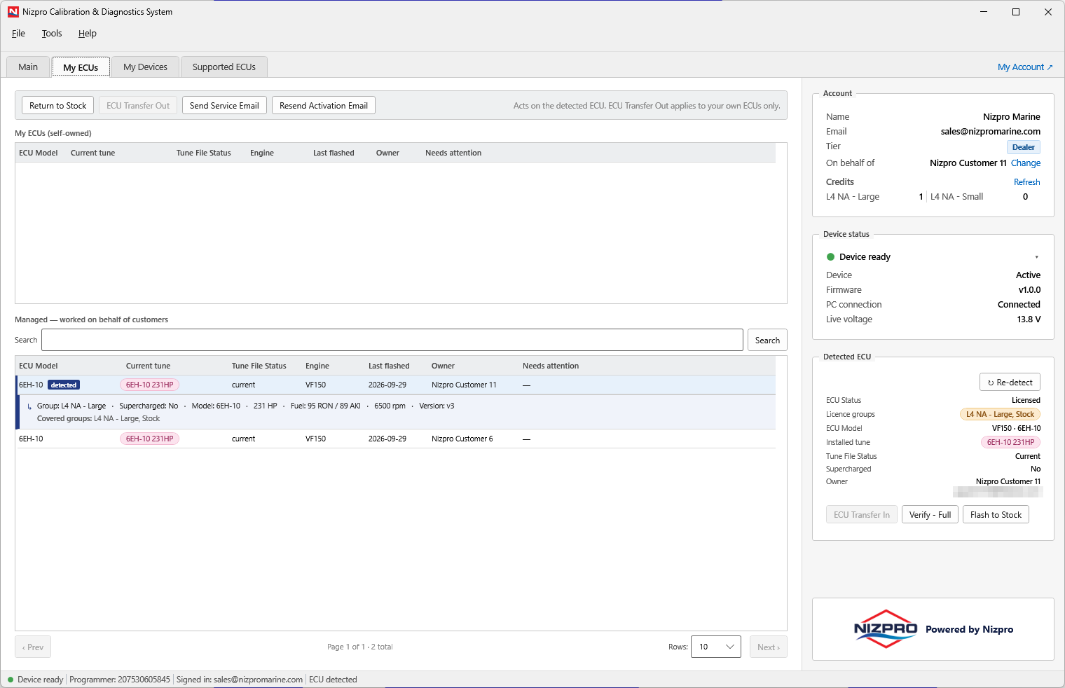 My ECUs tab with a customer ECU selected and Send Service Email available