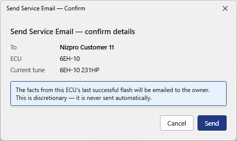 Send Service Email confirm details dialog showing the owner, ECU and current tune