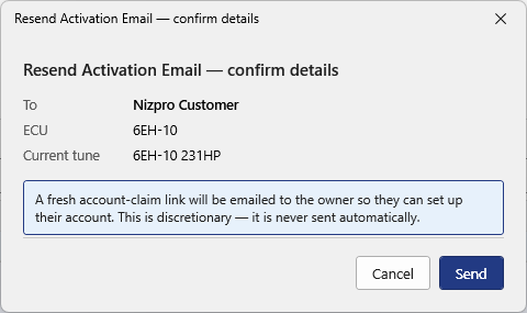 Resend Activation Email confirm details dialog showing the owner, ECU and current tune