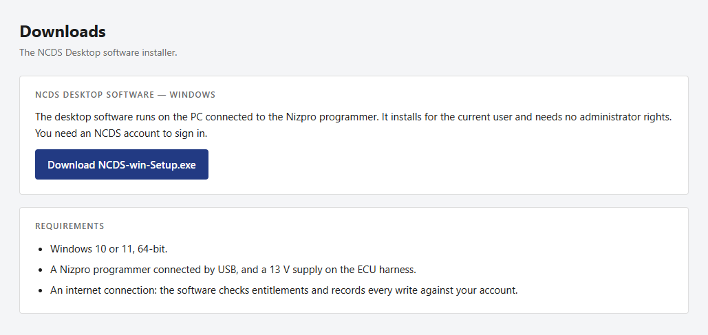NCDS Downloads page with the Download NCDS-win-Setup.exe button