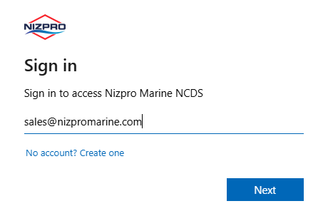 Sign in page with the Nizpro logo, Email address field, No account? Create one link and Next button