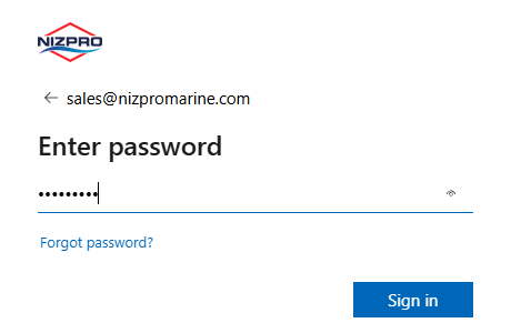 Enter password page with the Nizpro logo, Password field, Forgot password link and Sign in button