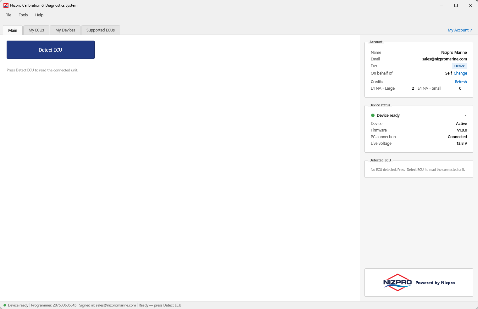 NCDS Main tab after signing in, with account details and a programmer connected and ready