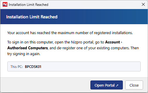 Installation Limit Reached message with Open Portal and Close buttons
