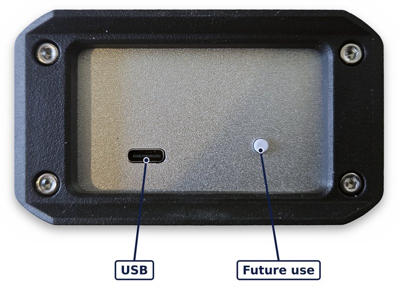 USB end of the programmer with the USB port and a button labelled Future use