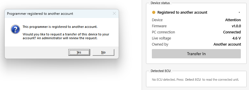 Programmer registered to another account dialog with Yes and No buttons, beside the Device status panel showing Registered to another account and the Transfer In button