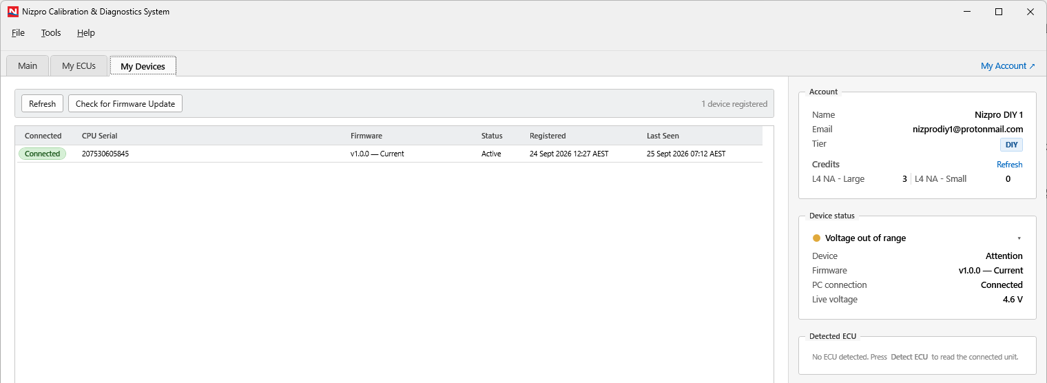 My Devices tab listing one connected programmer, with the Refresh and Check for Firmware Update buttons