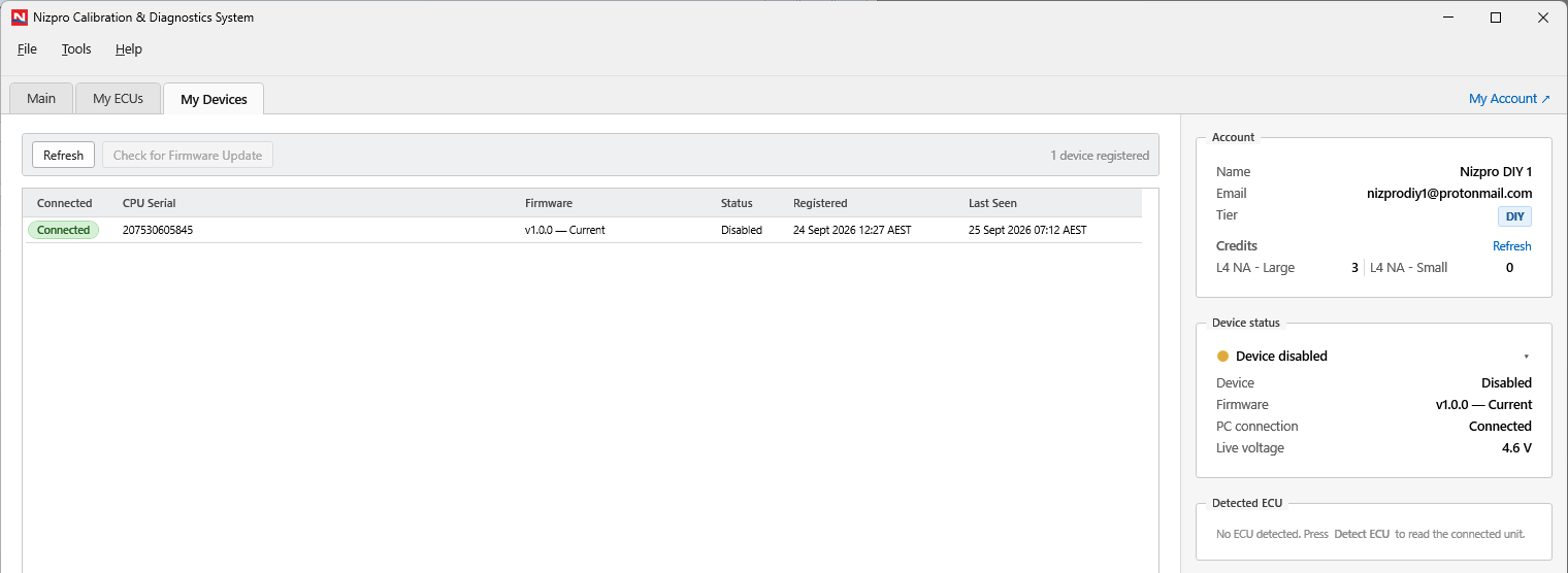 My Devices tab with the programmer's status Disabled and the Device status panel showing Device disabled