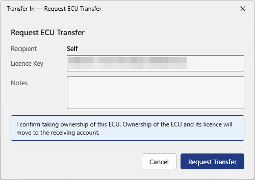 Request ECU Transfer dialog on a DIY account, recipient Self, with a Notes box and the Request Transfer button
