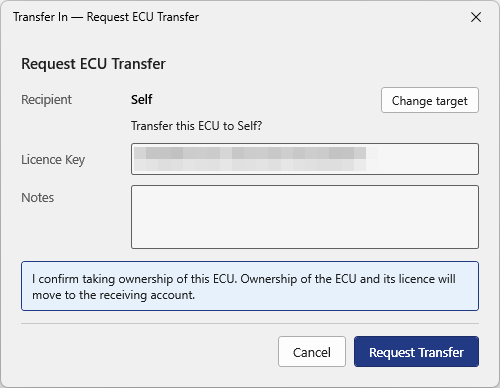 Request ECU Transfer dialog on a dealer account, recipient Self, with a Change target button