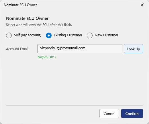 Nominate ECU Owner dialog with Existing Customer selected, an account email entered and the account name shown