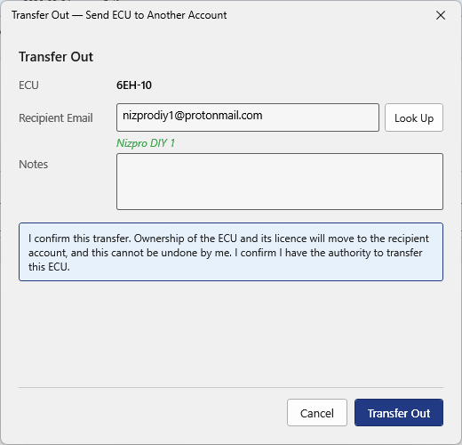 Transfer Out dialog: ECU 6EH-10, a recipient email looked up with the account name shown, a Notes box, the confirmation, and the Transfer Out button