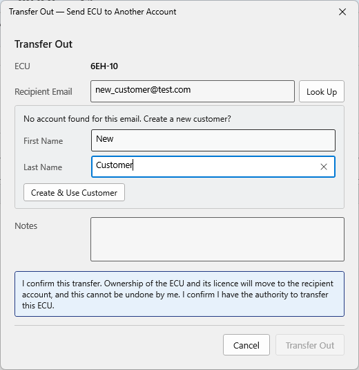 Transfer Out dialog on a dealer account: no account found for the email, with First Name and Last Name fields and a Create and Use Customer button
